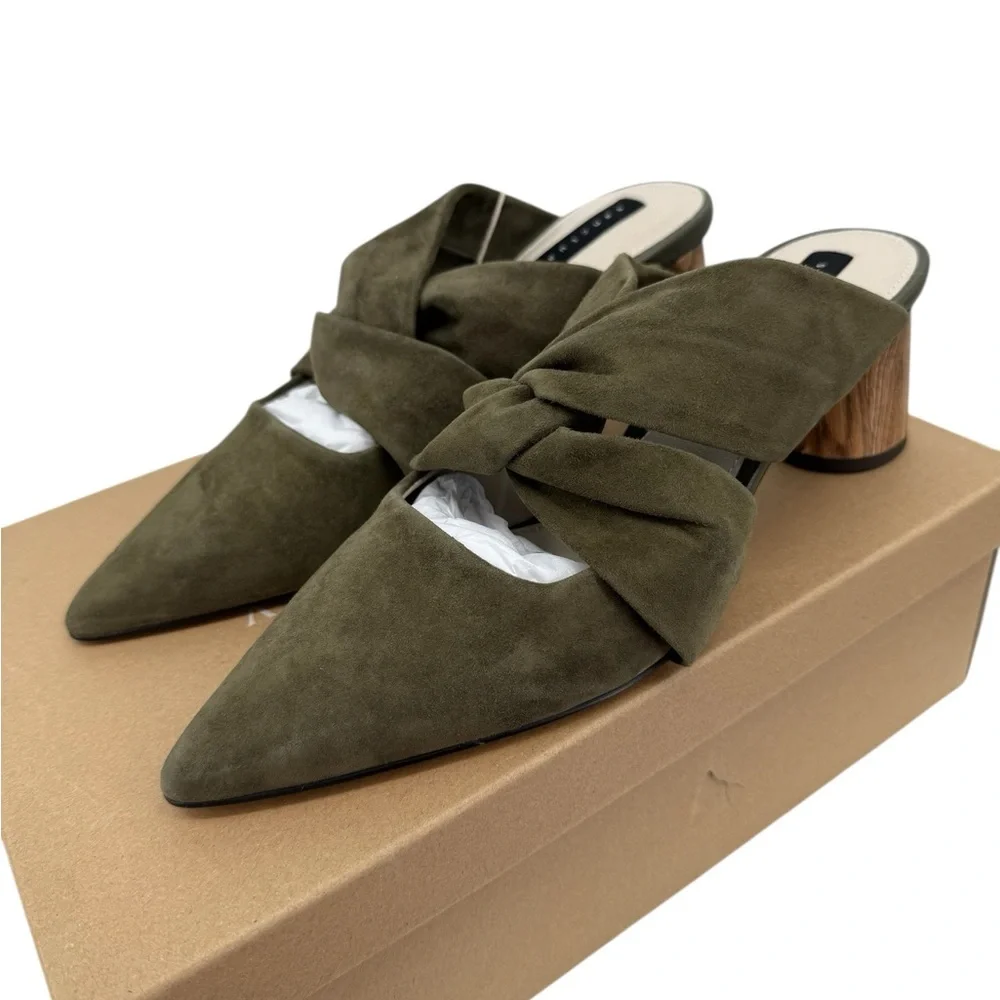 Sanctuary Sunset 2.0 Mossy Green Suede Bow Mule Heels 8.5 NIB Woodgrain Heel ECO